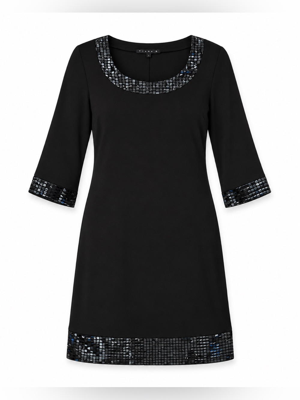 Tiana B Black Embellished Shift Dress Size L 3/4 Sleeve